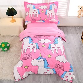 Wowelife Toddler Bedding Set Unicorn 4 Piece of Toddler Comforter, Flat Sheet, Fitted Sheet and Pillowcase(Pink Unicorn) T-SHJE-123 T-SHJE-123