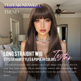 testar Long Dark Brown Straight Wigs With Bangs Long Brown Mixed Blonde Highlights Synthetic Layered Wigs for Women Daily Use 26IN