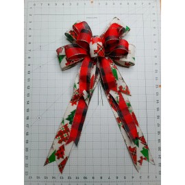 Handmade Christmas Bow, Wreath Bow, Emerald Green, Beige Christmas Tree Print, Red Check