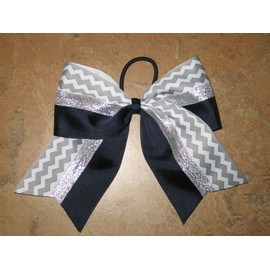 "Handmade" NEW "NAVY & SILVER CHEVRON" Cheer Bow Pony Tail 3 Inch Ribbon Girls Cheerleading