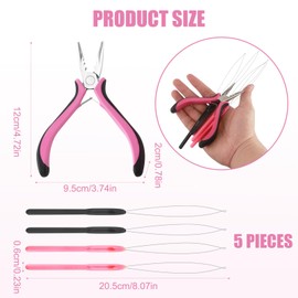 Hair Extension Plier, 3-Hole Hair Extension Plier with Black & Pink Loop Needle Threader Hair Plier for Installation Removal Maintenance Professional Hair Extension Tool for Micro Ring Nano Bead(Pink)