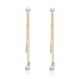 Clearine Simulated Pearl Earrings Rhinestone Crystal Bridal 3 Long Chain Drop Dangle Earrings for Women Wedding Party Prom Clear Gold-Tone