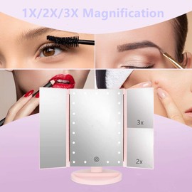 Flymiro Tri-fold Lighted Vanity Makeup Mirror with 3x/2x Magnification,21 LED Lights and Touch Screen,180 Degrees Free Rotation Countertop Cosmetic Mirror,Travel(Pink)