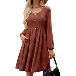 JUSTFASHIONNOW Womens Knit Dress Long Sleeve Knee Length Dresses Button Fall Dress with Pockets Trendy 2024-Caramel-L
