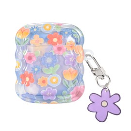 Newseego Airpods 1/2 Case Cover for Girls Women, Cute Flower Pattern Wave Frame Soft TPU Shockproof Full Protection Cover with Keychain for Airpods 1/2 Charging Case