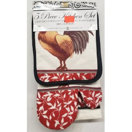 Better Home 5 pc KITCHEN SET: 2 POT HOLDERS, 2 TOWELS & 1 OVEN MITT, ROOSTER & LEAVES by BH