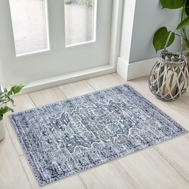 KUTA Vintage Small Area Rug 2x3 Blue Washable Oriental Entryway Rug Non-Slip Ultra Soft Floral Rug Doormat Printed Floral Retro Distressed Carpet Rug Small Accent Rug Farmhouse Kitchen Throw Rug