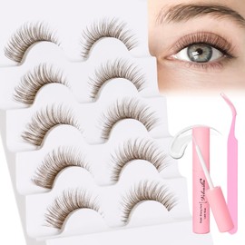 Veleasha Brown Lash Kit with Glue & Tweezer Cat Eye Lashes Natural Look 3D Fake Eyelashes with Clear Band Brown Wispy Eyelashes Lightweight & Soft Brown Eye Lashes 5 Pairs Pack Eyelash Kit (Brown 01)
