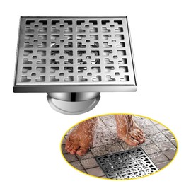 Shower drain, floor drain, stainless steel drain channel, siphon with odour stop, square, edge drain, odourless, for bathroom, shower gutter, silver, 15 x 15 cm