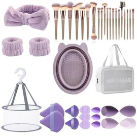 Un set de brochas de maquillaje para cara y ojos de 40 piezas que incluye 20 brochas, cinta para el pelo, 2 pulseras, 4 huevos de esponja de belleza  