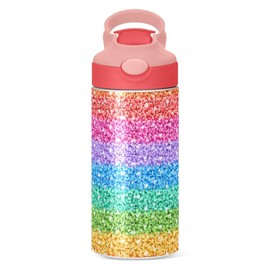 Rainbow Glitter Pattern Kids Water Bottle with Straw Insulated Stainless Steel Drink Bottle for Girls School 350ml Leakproof Vacuum Hot Cold Water Flask