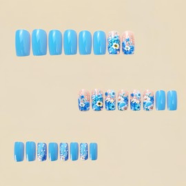 24Pcs Medium Press on Nails Coffin Fake Nails French Tip with Blue Flower Design Acrylic Nails Thick Glossy Full Cover Glue on Nails Stick on Nails for Women Y653