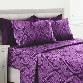 Lux Decor King Size Bed Sheets Set, 6-Pc Cooling Bed Set, Breathable Hotel Style Sheets, Microfiber Sheets Deep Pockets, Easy-Fit, Soft & Wrinkle Free Oeko-Tex Paisley Bed Sheets (King, Purple)