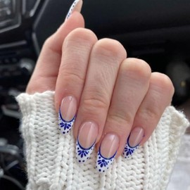 Almond Press on Nails Medium Length Fake Nails Blue White Totem Design French Tip False Nails Full Cover White Blue Nail Tips Nude Stick on Nails Glossy Glue on Nails for Women Manicure Decoration