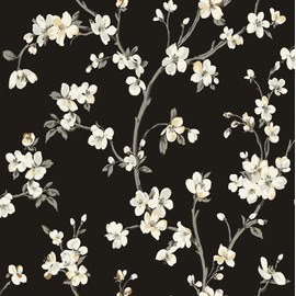 Surface Style - Peel and Stick Wallpaper, Botanical Wallpaper for Bedroom, Powder Room, Kitchen, Self Adhesive, Vinyl, 30.75 Sq Ft Coverage (Sakura Collection, Noir)