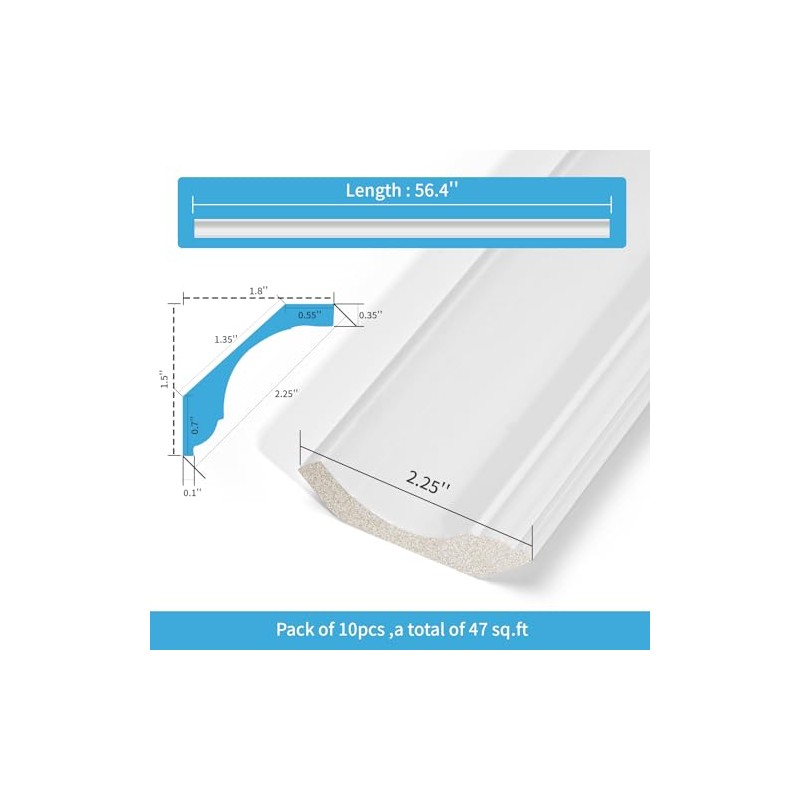 Art3d 10-Pack 47Ft White Ceiling Crown Molding Trim, High Impact