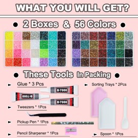 56 Colors Rhinestones for Bedazzling, 2 Boxes 3mm Multicolor Resin Jelly Flatback Gems with 3 Pcs B7000 Jewelry Glue & Tools, Bedazzler Kit for DIY Crafts Book Clothes Makeup Shoes Gifts Decor