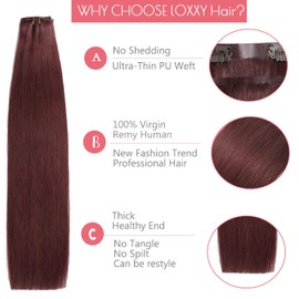 Loxxy Wine Red Seamless Clip in Hair Extensions Human Hair - 22 Inch 8 Pcs 110g Human Hair Extensions Clip Ins for Black Women - Natural Burgundy Color, Invisible PU Weft