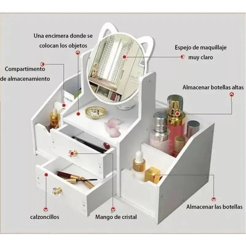 Caja De Almacenamiento De Cosméticos Multifuncional + Espejo
