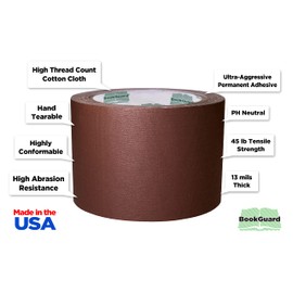 BookGuard 3 inch Premium Bookbinding Repair Cloth Tape, 15 Yard Roll, Brown