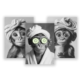 WBdesignz Set of 3 Posters - Monkeys in Spa Look - Funny Black and White Wall Decoration with Towel Turban & Cucumber Slices for Bathroom, Guest Toilet or Toilet (A4) - Without Frame