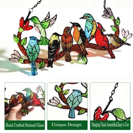 Birds On Branch Stained Glass Suncatcher,Red Bird Hummingbird Window Adorn