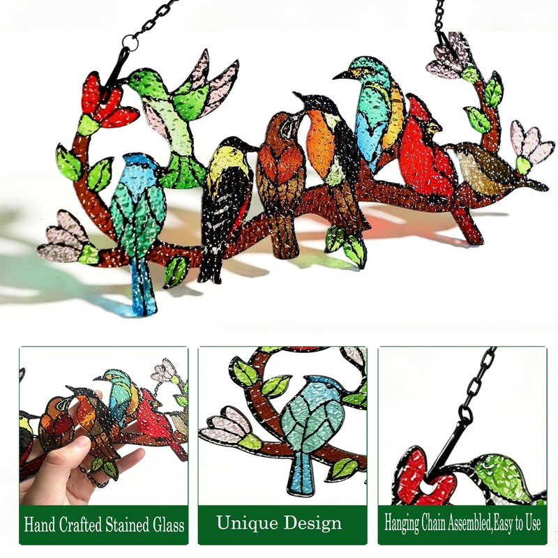 Birds On Branch Stained Glass Suncatcher,Red Bird Hummingbird Window Adorn