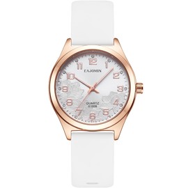 EAJOMIN Women's Waterproof Quartz Analog Watch, Easy Read Dial, Rubber Silicone Band (E1008 Rose Gold White)