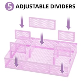 Marbrasse 2 Pack Desk Drawer Organizer, Mesh Drawer Organizer Tray with 8 Adjustable Compartments, Desk Organizers and Accessories, 5 Dividers Drawer for Office Supplies, Makeup & Vanity (Purple)