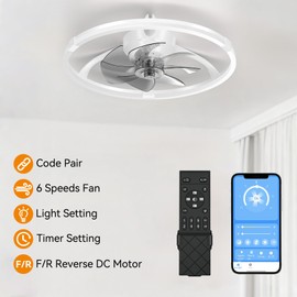 Ceiling Fans with Lights and Remote, 19.7'' Low Profile Ceiling Fan, 3000-6500K Dimmable Modern Flush Mount LED Fan Light, 6 Wind Speeds, Ceiling Fans for Bedroom