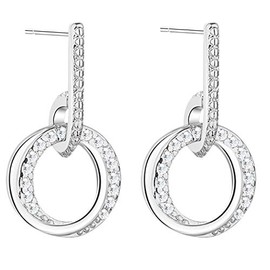 MYA art Women's Stud Earrings 925 Silver with Zirconia Crystal Rhinestone Stone Earrings Hanging Bar Circle Ring Open Small Round Pendant Modern Geometric, White Gold Rose Gold, Crystal