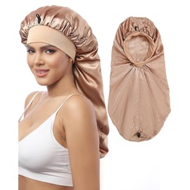 Coubeau Sleep Cap Silk Long Hair for Women - 2 Layers Silk Bonnet for Braids, Elastic Hair Sleeping Hood with Wide Band Silk Bonnet