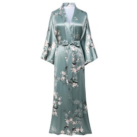 BABEYOND Floral Kimono Robe Satin Silk Wedding Robe 1920s Women Nightgown Sleepwear 53 Inches Long Robe