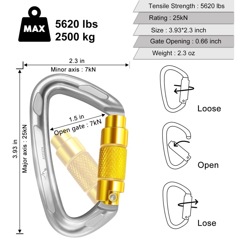 AINIKEY Climbing Carabiner Clips 25kN Auto Locking Carabiner, Professional Heavy