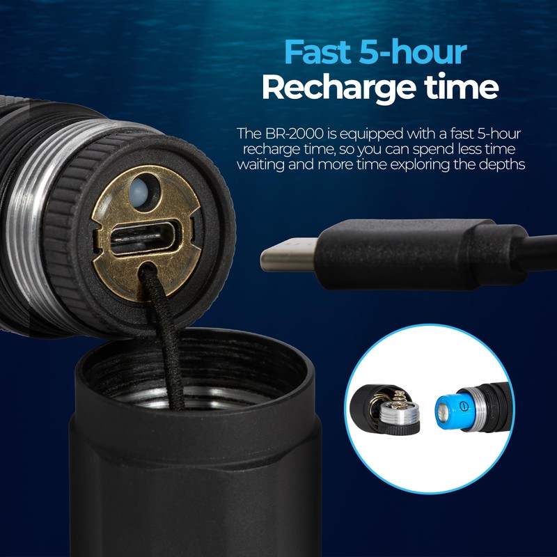 Blue Reef 2000 Lumens Dive Light, High-Powered Rechargeable LED Flashlight,