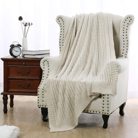 uxcell Cotton Cable Knit Throw Blanket Soft Throw Couch Covers Decorative Knitted Blankets for Sofa Bed, Beige Full(70" x 78")