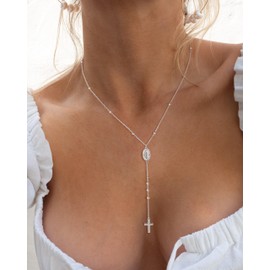 CHESKY Sliver Lariat Necklace Long Necklace for Women Y Necklace Rosary Cross Drop Pendant Necklace Bead Dainty Necklace Trendy Christian Jewelry for Women