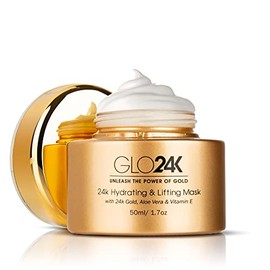 Mascarilla hidratante y reafirmante GLO24K con oro de 24 quilates, aloe vera, péptidos y vitaminas. Para un aumento de la hidratación y un efecto lifting que genera un cutis radiante y resplandeciente y una piel suave como la seda.