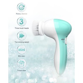 Electric Facial Cleansing Brush for Women, 3-in-1 Face Cleanser and Exfoliator Brush with 3 Brush Heads, 2 Speeds, Waterproof Spin Brush, Portable Travel Case (Green, Battery Operated)
