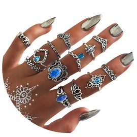 BELICEY Silver Knuckle Stacking Rings Set Blue Crystal Rhinestone Finger Statement Ring Vintage Joint Knot Mid Rings for Teen Girls Stackable Rings Jewelry Accessories