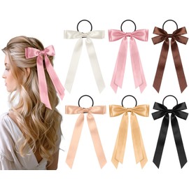 LOYIM 6 Pcs Bow Hair Ties Satin Hair Ribbon Long Ponytail Holder Ribbon Hair Bow Ties Elastics Hair Scrunchies for Valentine Birthday Party Wedding Women Hair Accessories