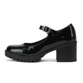 Soda “Boxer” ~ Women Mary Jane Round Toe Chunky Block Heel Lug Sole Pump with Adjustable Strap (Black Patent, us_Footwear_Size_System, Adult, Women, Numeric, Medium, Numeric_9)
