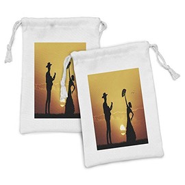 Ambesonne Spanish Fabric Pouch Set of 2, Flamenco Couple Dancer and Guitarist Silhouettes at Sunset Scenery, Small Drawstring Bag for Toiletries Masks and Favors, 9" x 6", Yellow Black Dark Orange