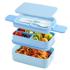SGAONSN Bento Lunch Box 1960ML,2 in 1 Stackable Bento Boxes,2 Layer 4 Compartments Leak Proof Lunchbox for Adults Kids,Snack Box with Compartments for School Office Camping (Blue)