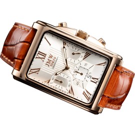 JMW TOKYO Men's Square Wristwatch, Silver & Rose Gold, Square, Rectangular, Men's Chronograph, Limited Edition, Seiko, Quartz, Leather Band, Genuine Leather, Business, Simple, Popular, Father's Day,