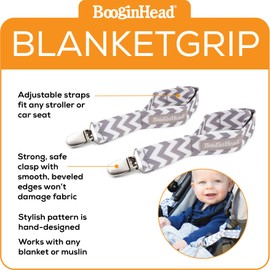 BooginHead BlanketGrip Baby Stroller Throw Clip Blanket Grip, Set of 2, Grey/White Chevron Gray / White