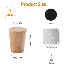 Pack of 4 Furniture Feet, Oak Wood, 6 cm Round Wooden Feet for Furniture, Furniture Legs Wood with Non-Silp Pads, Mounting Plates and Screws, Solid Wood Legs for Furniture for Sofa, Chest of Drawers,