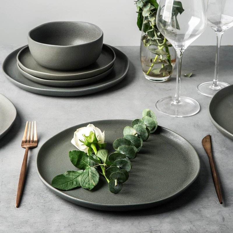 AmorArc Stoneware Dinnerware Sets, Wavy Rim Ceramic Plates and Bowls