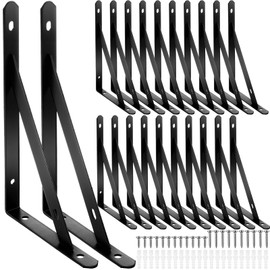 Nuogo 20 Pack Heavy Duty Shelf Brackets Bulk Metal Floating Shelving Support Wall Mounted 90 Degree Triangle Corner L Brackets for Garage with Hardware, Black (8 Inch)