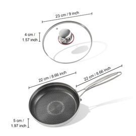 Yikinip 8-inch stainless steel frying pan with lid, hybrid non-stick skillet for induction, oven, broiler & dishwasher, non-toxic chef's pan, pfoa-free cookware